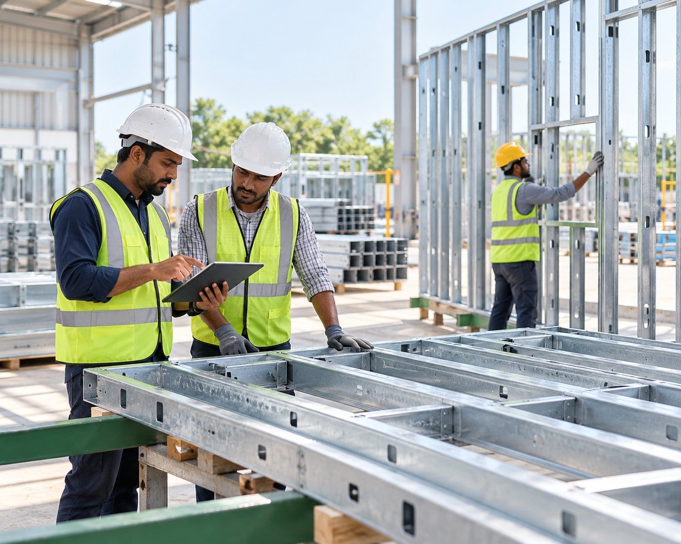 Steel frame fabrication team at work