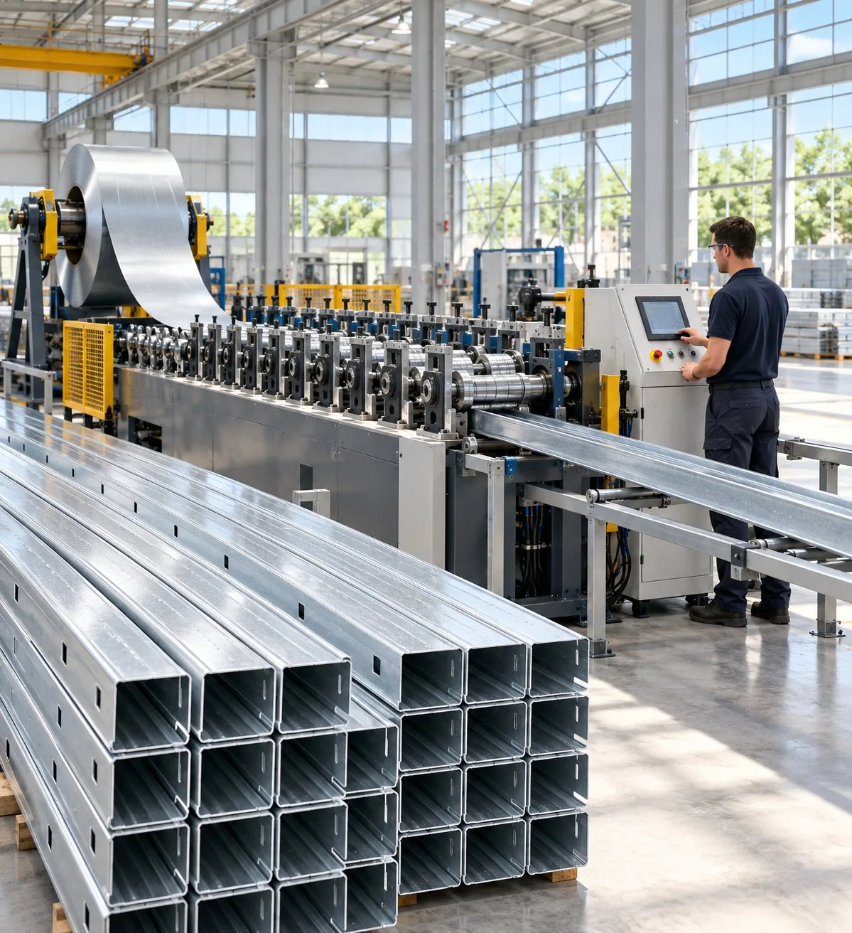 Automated roll-forming line producing cold-formed steel framing members