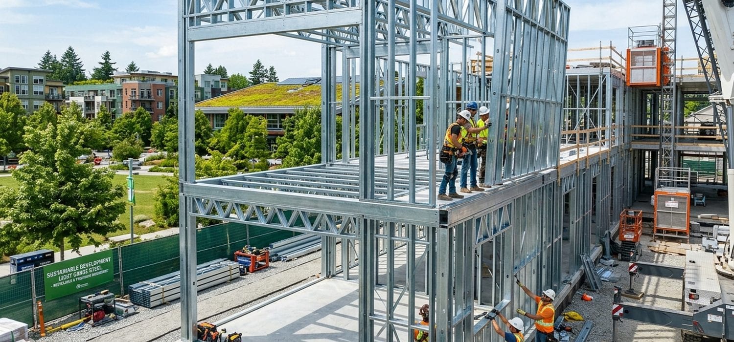 Light gauge steel frame being lifted into place by crane