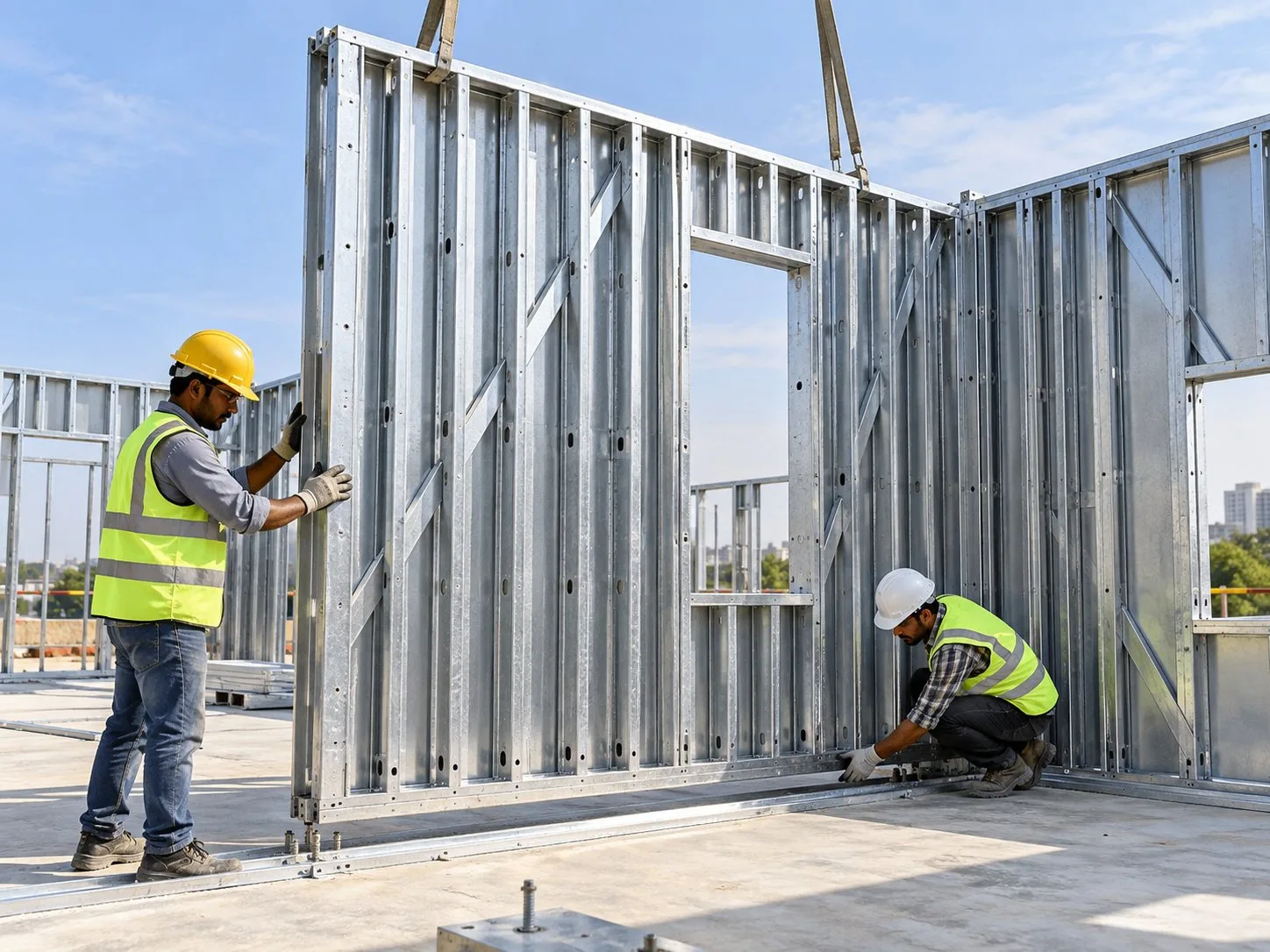 Panelised light gauge steel frame being installed on site