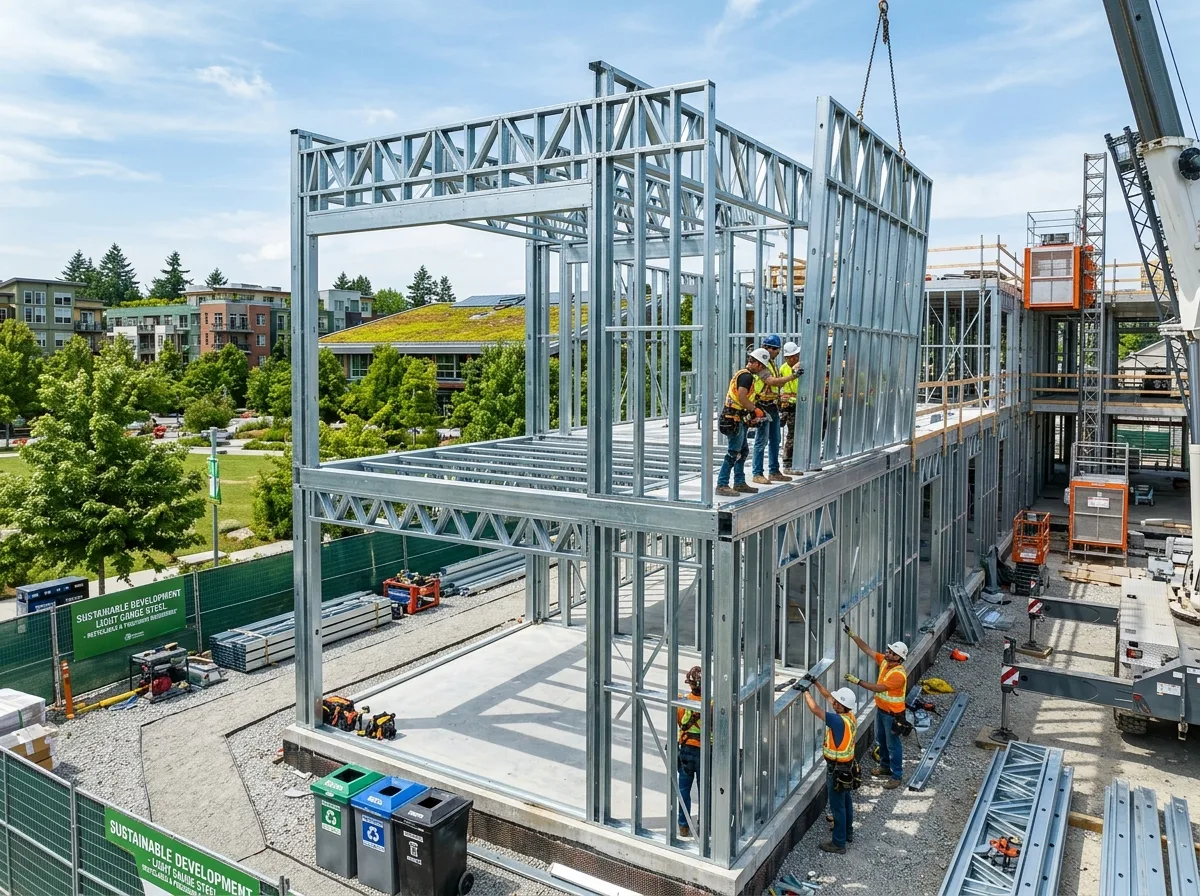 Recyclable light gauge steel framing members on a construction site