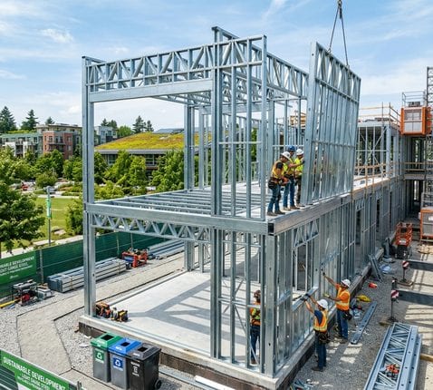 Sustainable light gauge steel building under construction